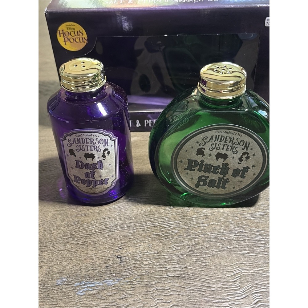 Disney Hocus Pocus/ Sanderson sister's Glass Salt And Pepper Shakers NIB